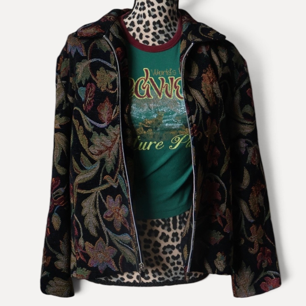 Vintage Portrait Floral Tapestry Jacket Large Black Botanical Jacquard BlazerV